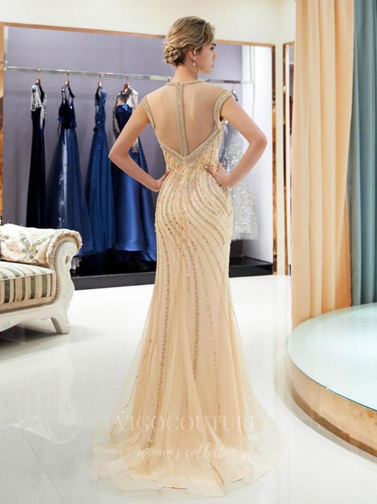vigocouture-Gold Mermaid Beaded Prom Dress 20275-Prom Dresses-vigocouture-