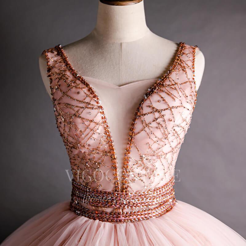 vigocouture-Gold Rose Beaded Quinceañera Dresses V-Neck Ball Gown 20478-Prom Dresses-vigocouture-