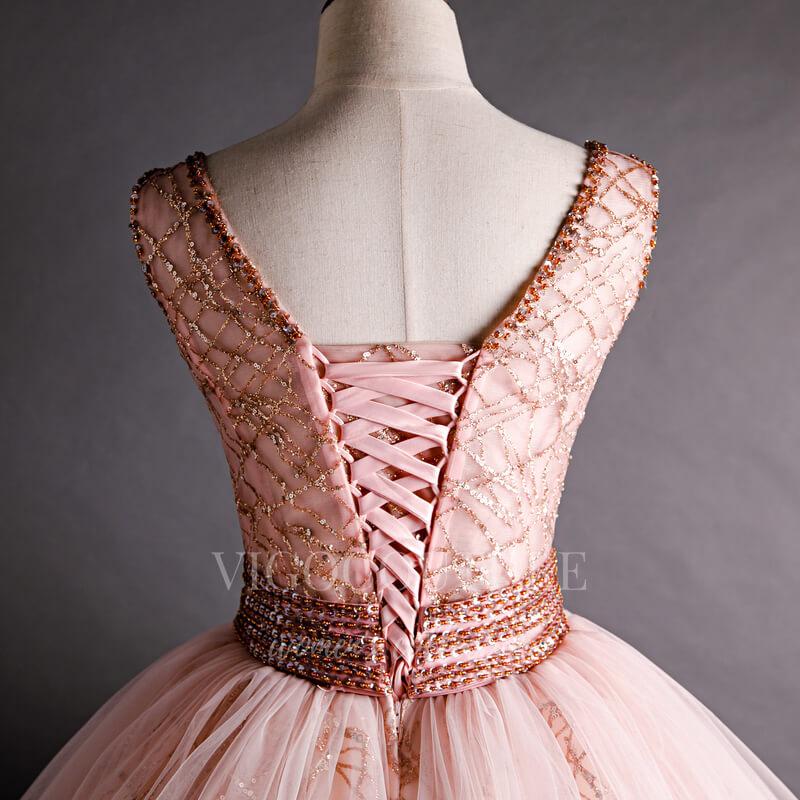 vigocouture-Gold Rose Beaded Quinceañera Dresses V-Neck Ball Gown 20478-Prom Dresses-vigocouture-