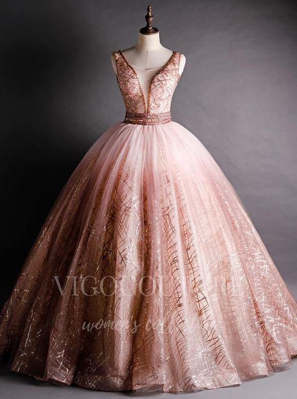 vigocouture-Gold Rose Beaded Quinceañera Dresses V-Neck Ball Gown 20478-Prom Dresses-vigocouture-Pink-Custom Size-