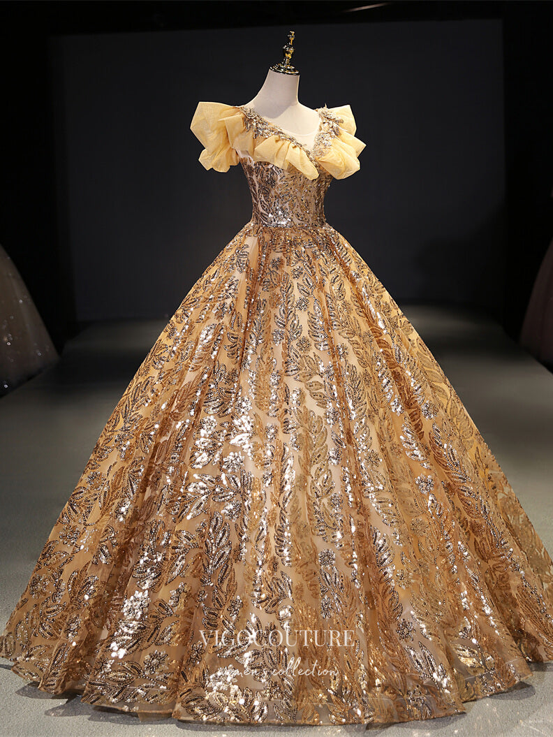 vigocouture-Gold Sequin Quinceanera Dresses Sparkly Tulle Princess Dresses 21422-Prom Dresses-vigocouture-