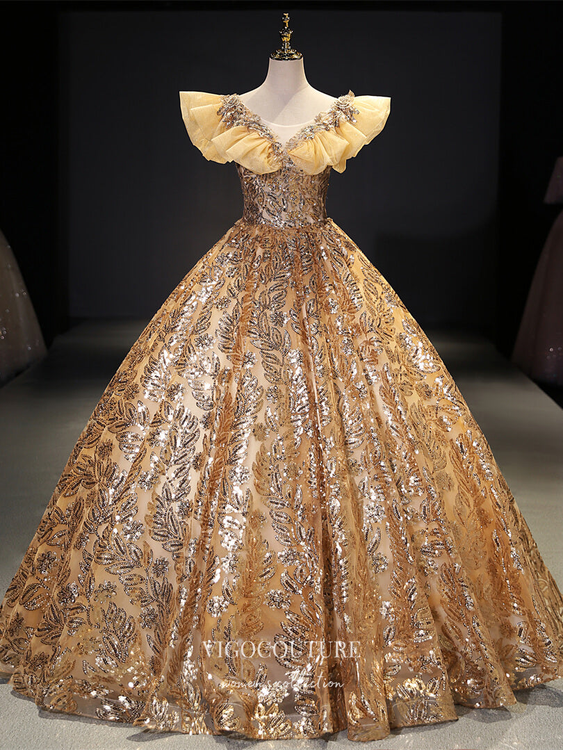 vigocouture-Gold Sequin Quinceanera Dresses Sparkly Tulle Princess Dresses 21422-Prom Dresses-vigocouture-Gold-Custom Size-