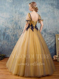 vigocouture-Gold Short Sleeve Quinceañera Dresses Lace Applique Ball Gown 20426-Prom Dresses-vigocouture-