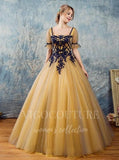 vigocouture-Gold Short Sleeve Quinceañera Dresses Lace Applique Ball Gown 20426-Prom Dresses-vigocouture-