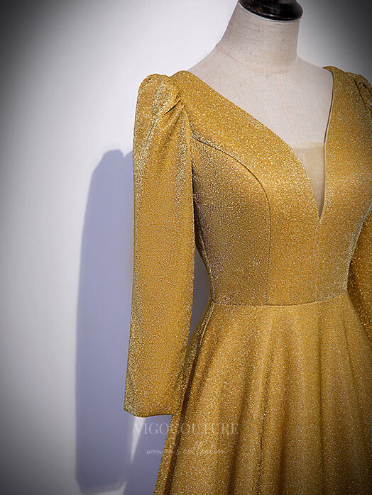 vigocouture-Gold Sparkly Lace Long Sleeve Prom Dress 20897-Prom Dresses-vigocouture-