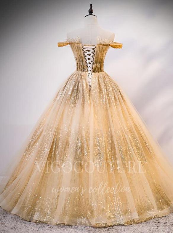 vigocouture-Gold Sparkly Lace Quinceanera Dresses Off the Shoulder Ball Gown 20412-Prom Dresses-vigocouture-
