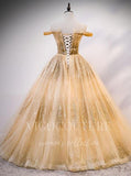 vigocouture-Gold Sparkly Lace Quinceanera Dresses Off the Shoulder Ball Gown 20412-Prom Dresses-vigocouture-