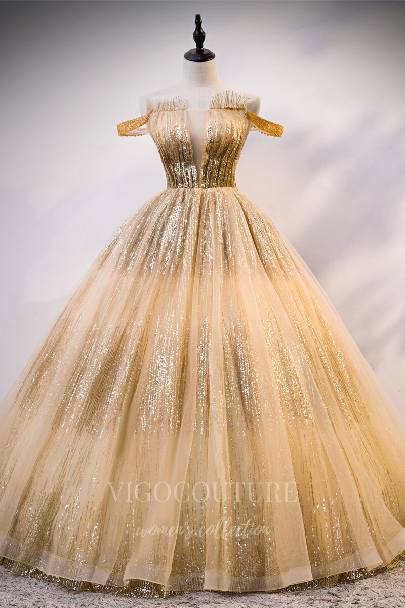 vigocouture-Gold Sparkly Lace Quinceanera Dresses Off the Shoulder Ball Gown 20412-Prom Dresses-vigocouture-Gold-Custom Size-