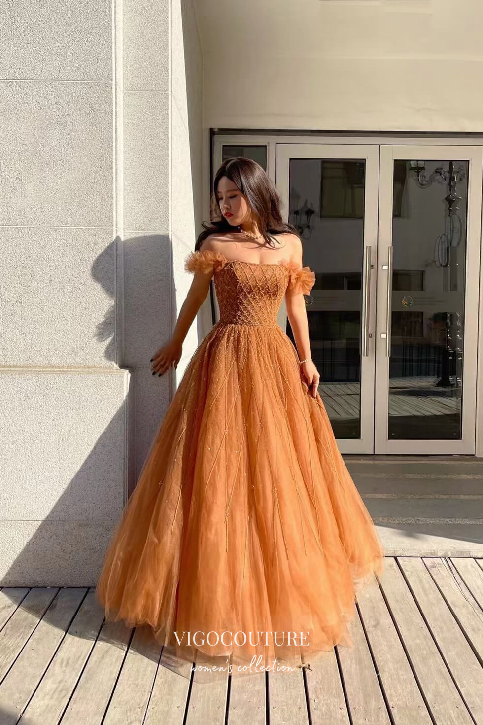 Gorgeous Beaded Off the Shoulder Prom Dress 22235-Prom Dresses-vigocouture-Brown-US2-vigocouture