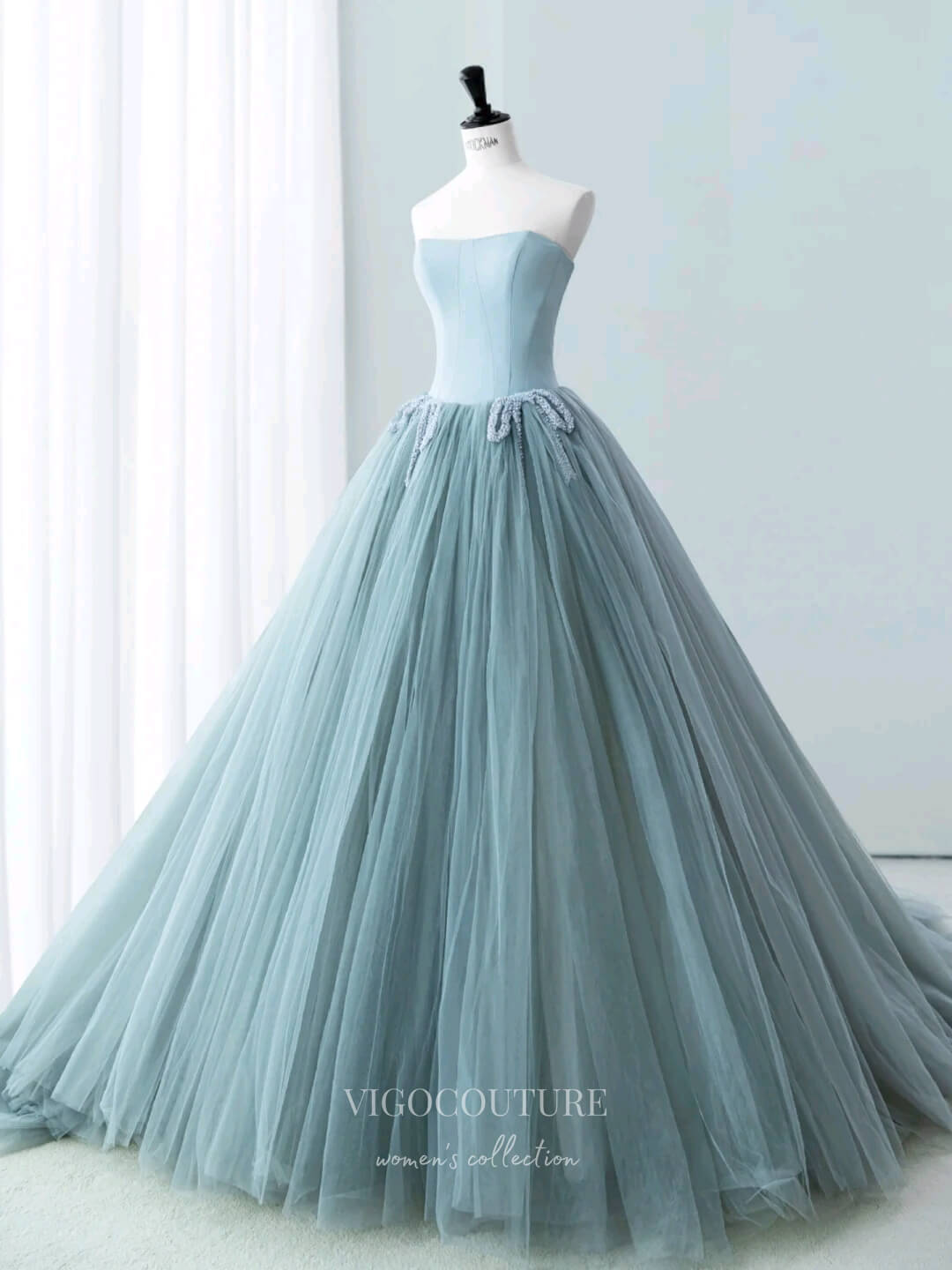 Gorgeous Dusty Blue Strapless Prom Ball Gown with Satin Bodice and Tulle Bottom 22276-Prom Dresses-vigocouture-Dusty Blue-Custom Size-vigocouture