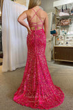 Gorgeous Fuchsia Sequin Mermaid Prom Dress with Spaghetti Strap and High Slit 22209-Prom Dresses-vigocouture-Fuchsia-Custom Size-vigocouture