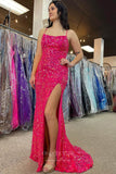 Gorgeous Fuchsia Sequin Mermaid Prom Dress with Spaghetti Strap and High Slit 22209-Prom Dresses-vigocouture-Fuchsia-Custom Size-vigocouture
