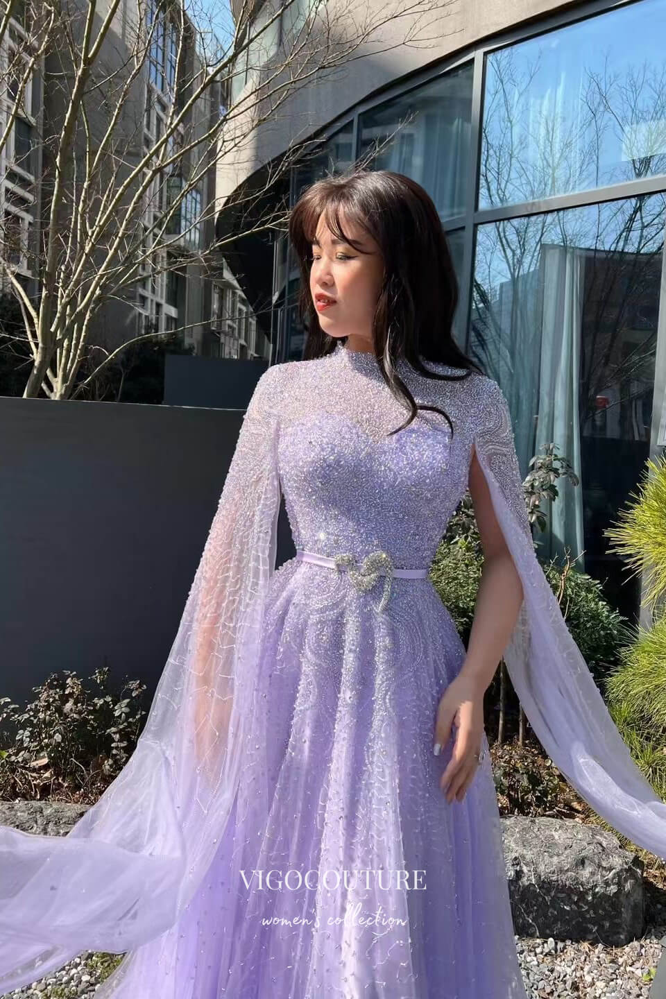 Gorgeous Lavender Beaded Prom Dress with Cape Sleeve and High Neck 22246-Prom Dresses-vigocouture-Lavender-US2-vigocouture