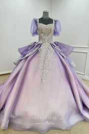 Gorgeous Lavender Beaded Quinceanera Dress with Puffed Sleeve and Overskirt 70002