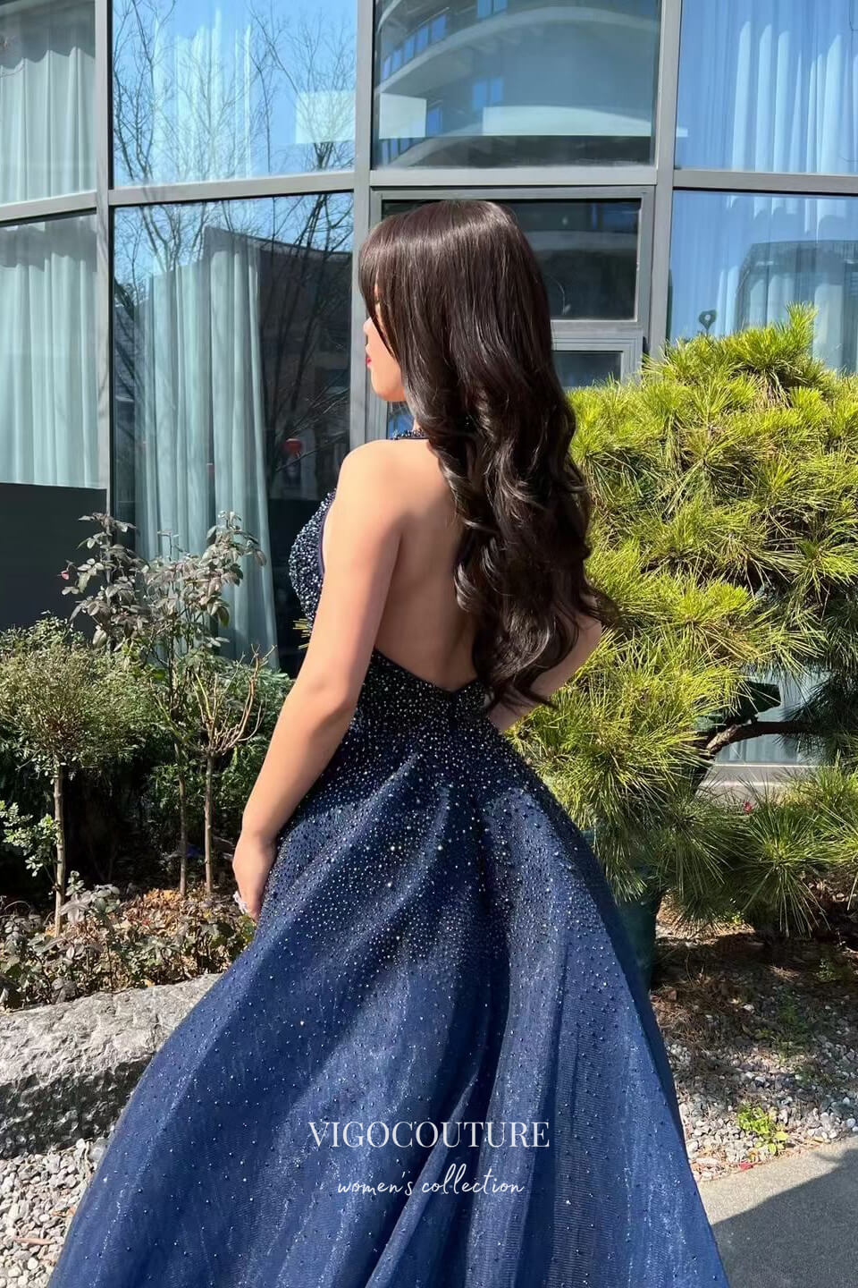 Gorgeous Navy Blue Beaded Prom Dress with Plunging Neck 22247-Prom Dresses-vigocouture-Navy Blue-US2-vigocouture