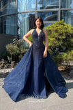Gorgeous Navy Blue Beaded Prom Dress with Plunging Neck 22247-Prom Dresses-vigocouture-Navy Blue-US2-vigocouture