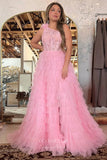 Gorgeous One-Shoulder Prom Dress with Lace Applique, Ruffled Bottom, and Slit 22220-Prom Dresses-vigocouture-Pink-Custom Size-vigocouture