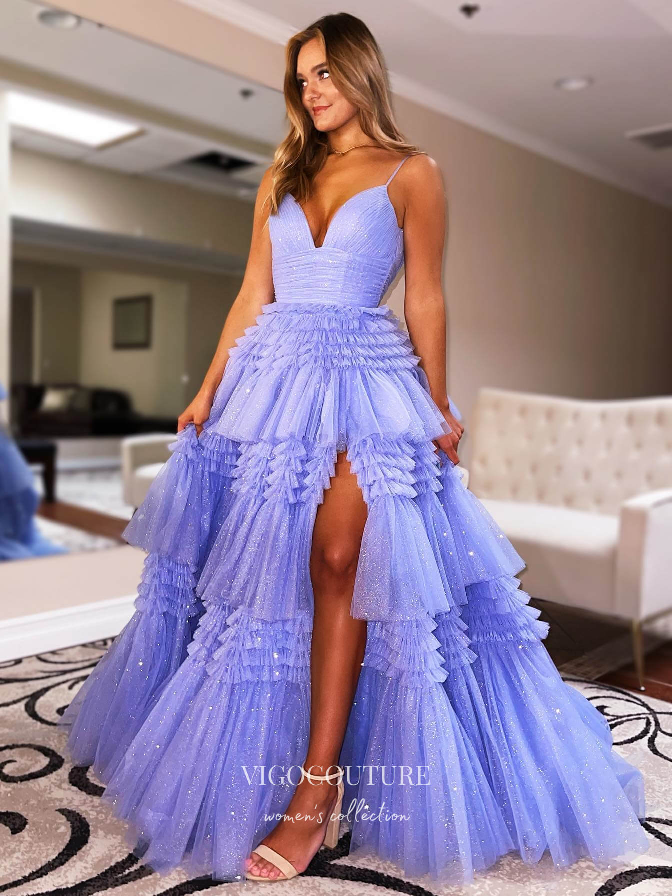 vigocouture-Sparkly Tulle Tiered Prom Dresses A-Line Spaghetti Strap Formal Dresses 21544-Prom Dresses-vigocouture-