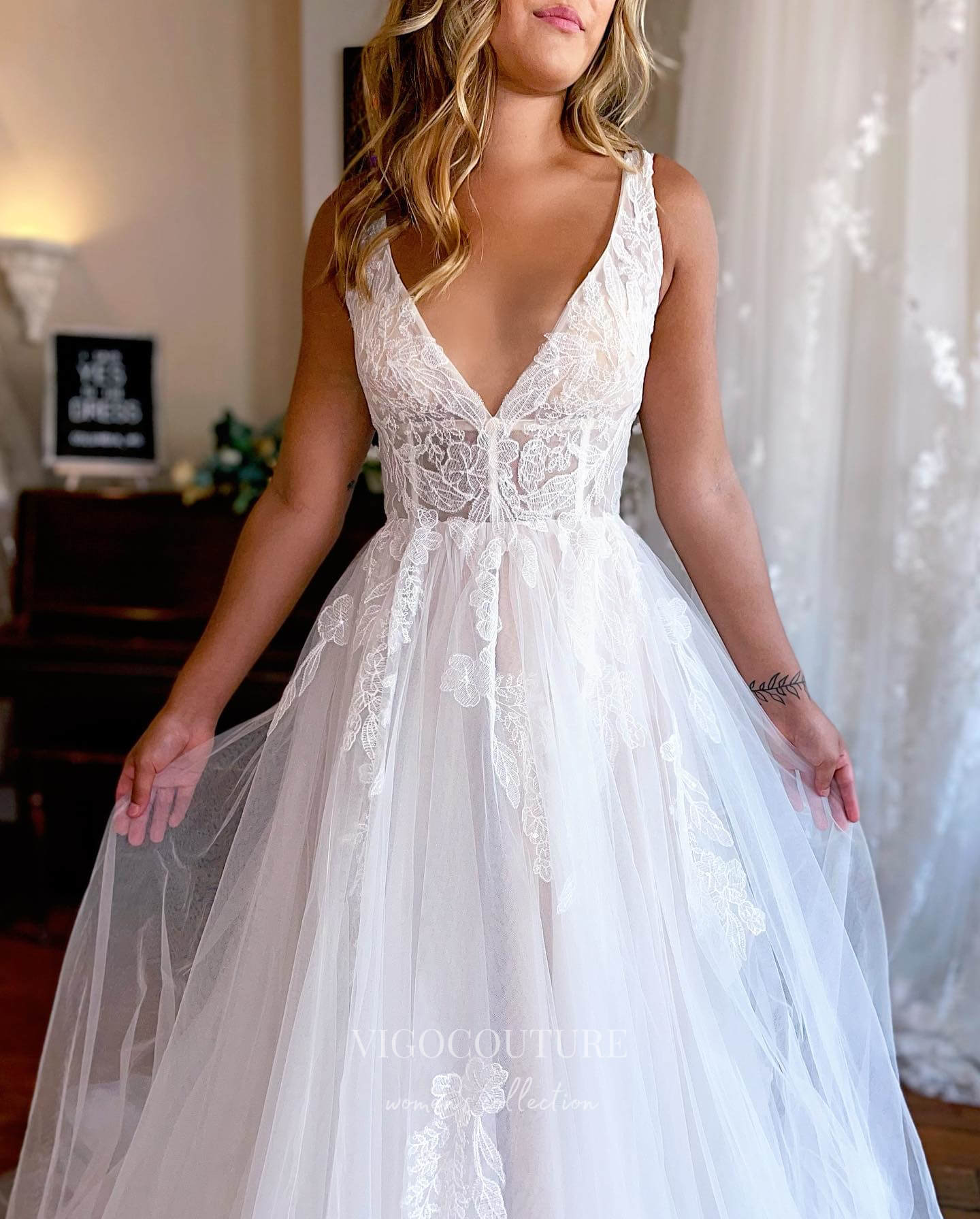 Graceful Ivory Lace Applique Tulle Wedding Dress with Plunging V-Neck and Cathedral Train W0104-Wedding Dresses-vigocouture-Ivory-US2-vigocouture
