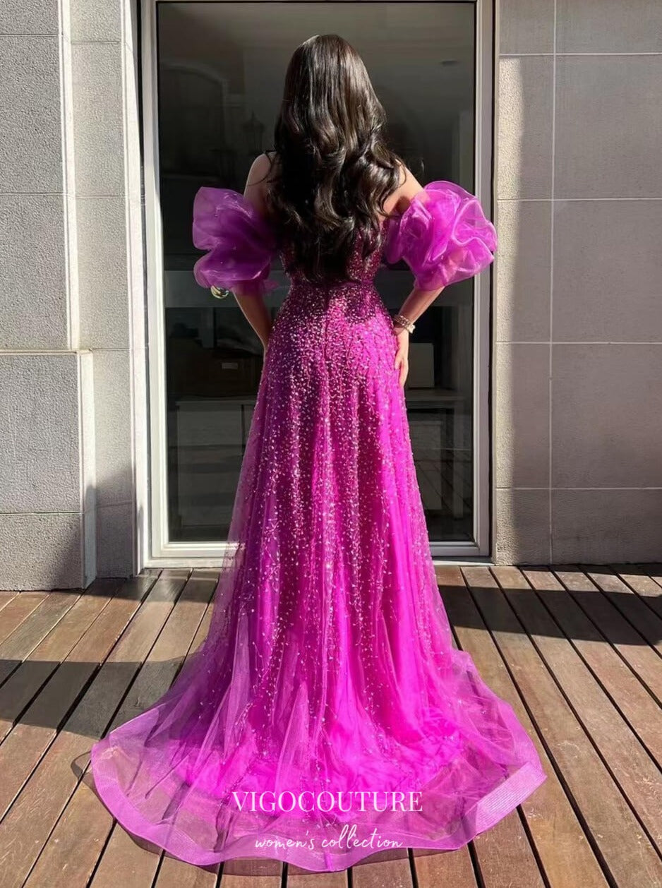 Graceful Magenta Beaded Prom Dress with Puffed Sleeve and