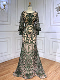 Green Beaded Lace Prom Dresses Long Sleeve Mermaid Mother of the Bride Dresses 22097-Prom Dresses-vigocouture-Green-US2-vigocouture