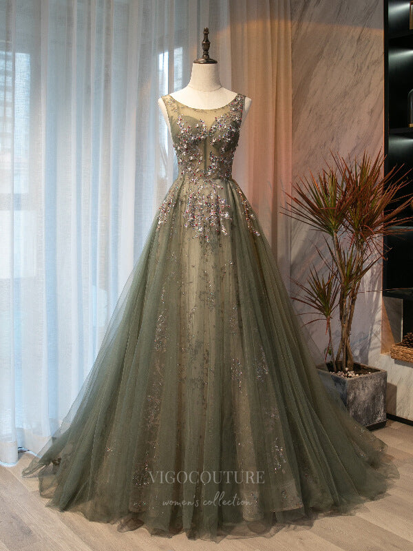 vigocouture-Green Beaded Tulle Boat Neck Prom Dress 20883-Prom Dresses-vigocouture-Green-Custom Size-