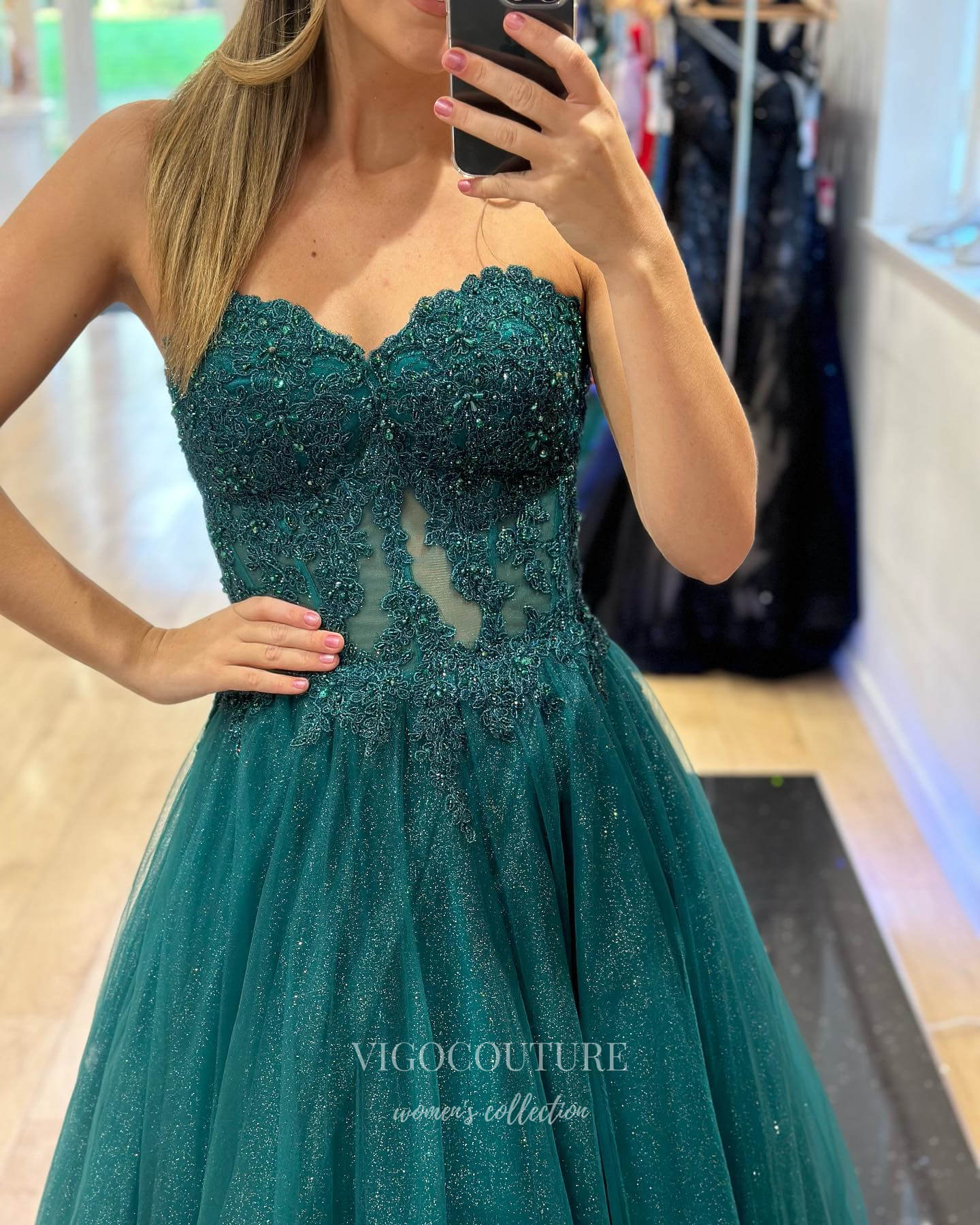 Green Lace Applique Prom Dresses Sparkly Tulle Strapless Evening Dress 21992-Prom Dresses-vigocouture-Green-US2-vigocouture