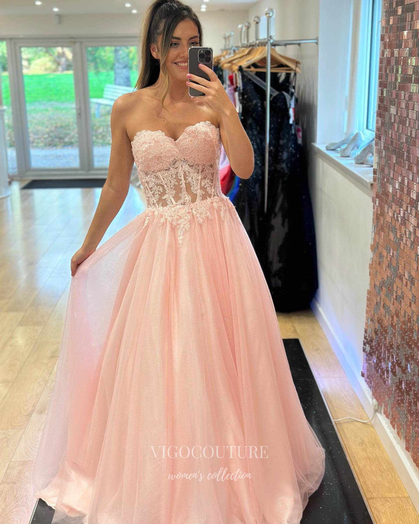Green Lace Applique Prom Dresses Sparkly Tulle Strapless Evening Dress 21992-Prom Dresses-vigocouture-Blush-US2-vigocouture
