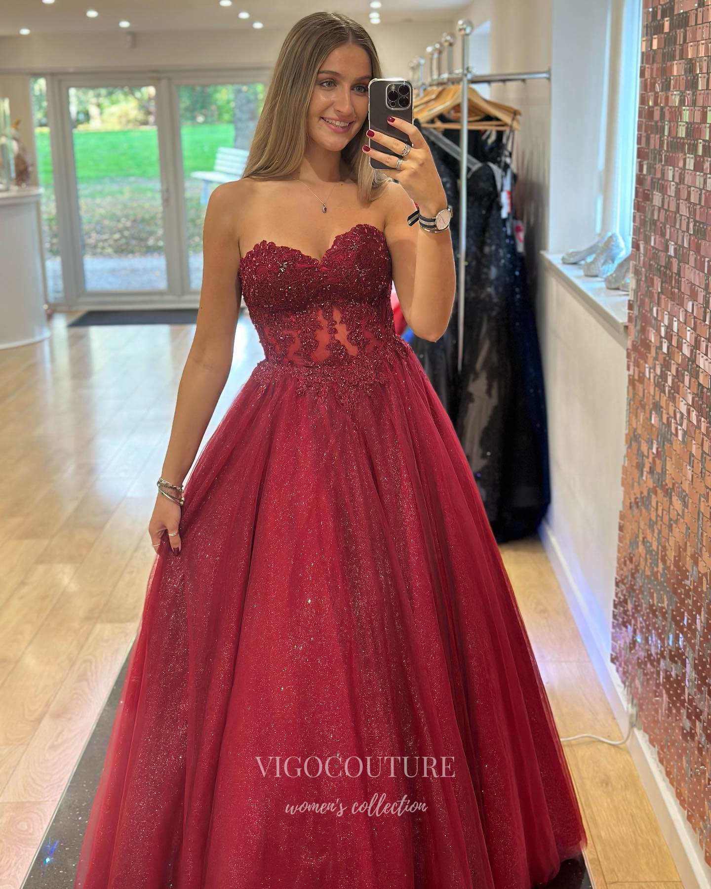 Green Lace Applique Prom Dresses Sparkly Tulle Strapless Evening Dress 21992-Prom Dresses-vigocouture-Burgundy-US2-vigocouture