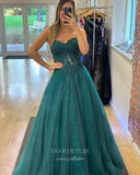 Green Lace Applique Prom Dresses Sparkly Tulle Strapless Evening Dress 21992-Prom Dresses-vigocouture-Green-US2-vigocouture