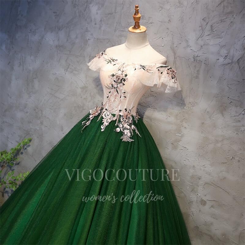 vigocouture-Green Lace Applique Quinceanera Dresses Off the Shoulder Ball Gown 20407-Prom Dresses-vigocouture-