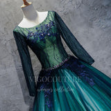 vigocouture-Green Long Sleeve Quinceañera Dresses Lace Applique Ball Gown 20434-Prom Dresses-vigocouture-