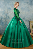 vigocouture-Green Long Sleeve Quinceañera Dresses Lace Applique Ball Gown 20435-Prom Dresses-vigocouture-
