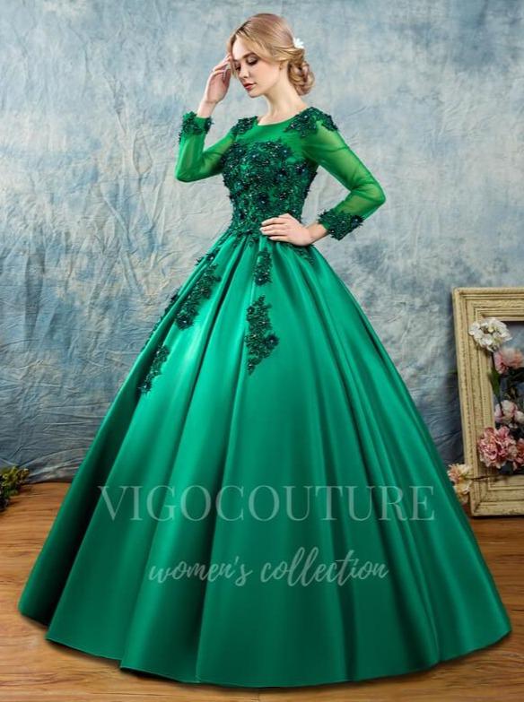 vigocouture-Green Long Sleeve Quinceañera Dresses Lace Applique Ball Gown 20435-Prom Dresses-vigocouture-Green-Custom Size-