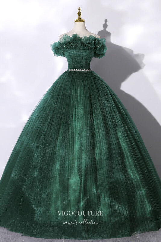 Green Off the Shoulder Prom Dress with Pleated Tulle 22344-Prom Dresses-vigocouture-Green-Custom Size-vigocouture