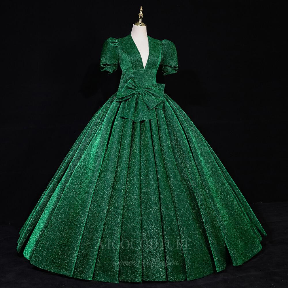 vigocouture-Green Puffed Sleeve Sparkly Lace Prom Dress 20683-Prom Dresses-vigocouture-
