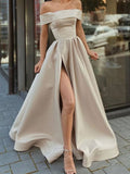 vigocouture-Satin Off the Shoulder A-Line Prom Dress 20857-Prom Dresses-vigocouture-Khaki-US2-