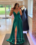 Green Satin Prom Dresses with Slit Spaghetti Strap Evening Dress 21993-Prom Dresses-vigocouture-Green-US2-vigocouture