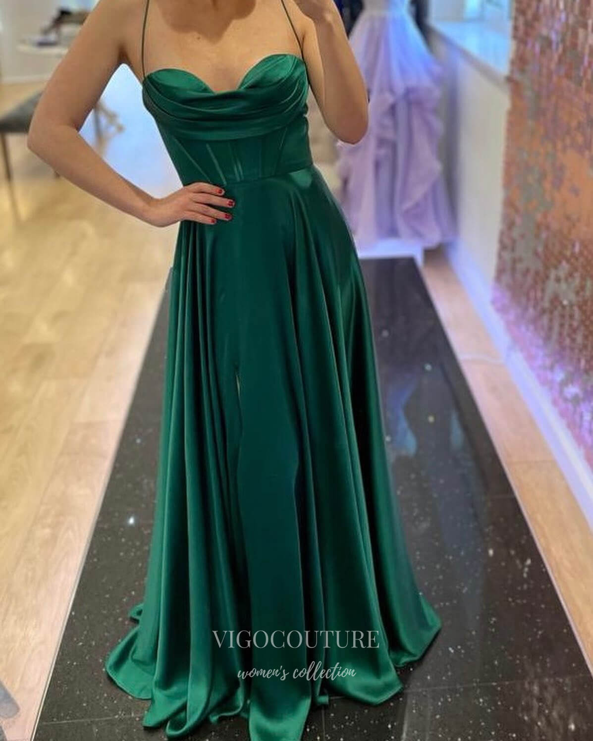 Green Satin Prom Dresses with Slit Spaghetti Strap Evening Dress 21997-Prom Dresses-vigocouture-Green-US2-vigocouture