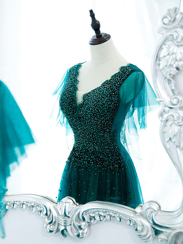 vigocouture-Green Sequin Beaded Tulle V-Neck Prom Dress 20882-Prom Dresses-vigocouture-