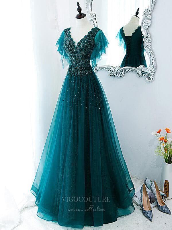 vigocouture-Green Sequin Beaded Tulle V-Neck Prom Dress 20882-Prom Dresses-vigocouture-Green-Custom Size-