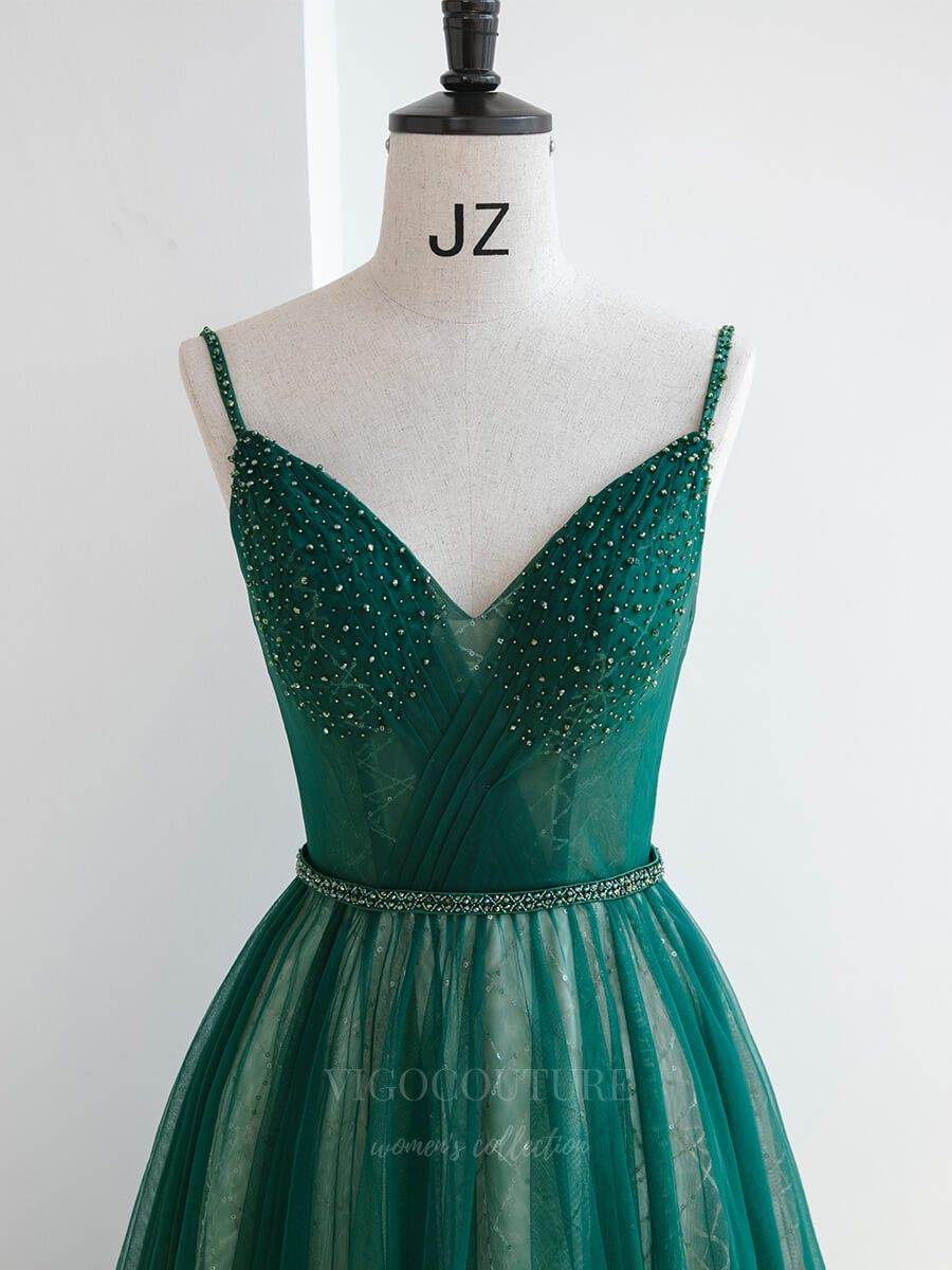 vigocouture-Green Spaghetti Strap Beaded Prom Dress 20649-Prom Dresses-vigocouture-