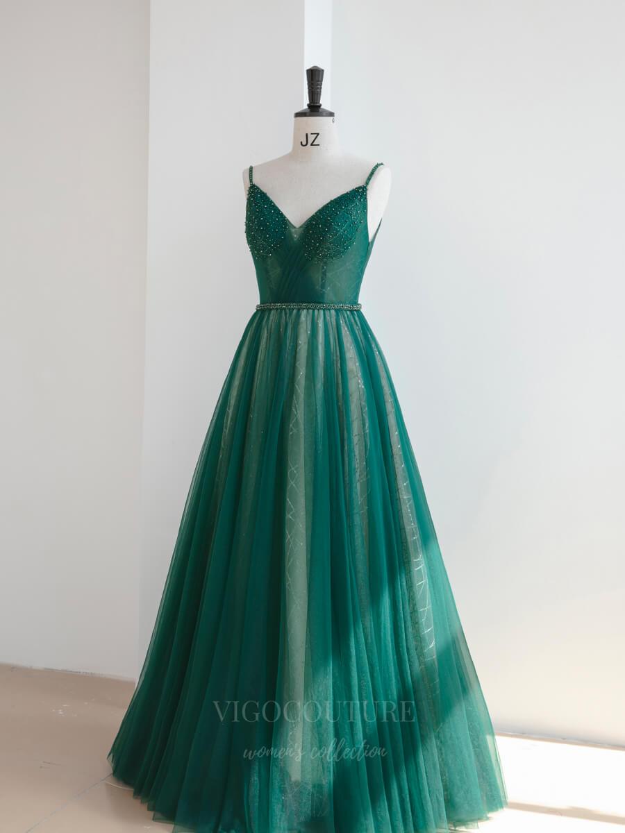 vigocouture-Green Spaghetti Strap Beaded Prom Dress 20649-Prom Dresses-vigocouture-