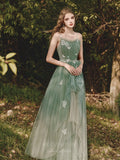 vigocouture-Green Spaghetti Strap Floral Prom Dress 20705-Prom Dresses-vigocouture-