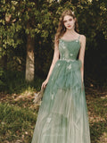 Green Spaghetti Strap Floral Prom Dress 20705