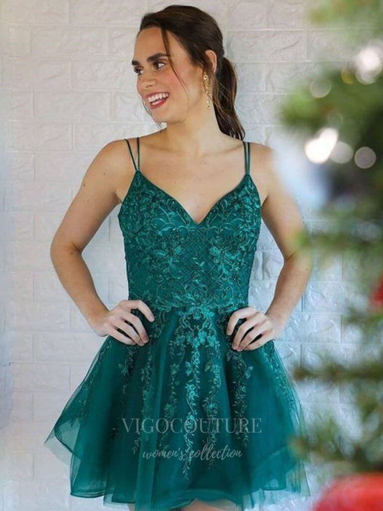 vigocouture-Green Homecoming Dress Lace Applique Hoco Dress hc031-Prom Dresses-vigocouture-