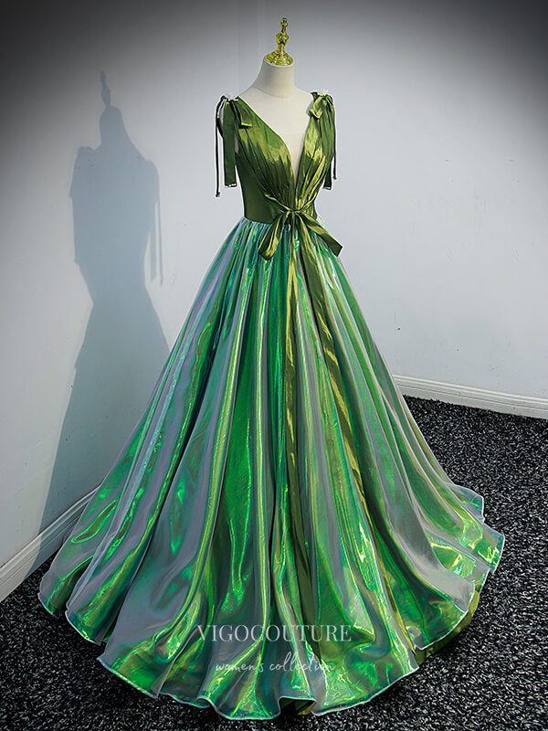 vigocouture-Green Sparkly Satin Prom Dresses Plunging V-Neck Formal Dresses 21326-Prom Dresses-vigocouture-
