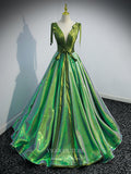 vigocouture-Green Sparkly Satin Prom Dresses Plunging V-Neck Formal Dresses 21326-Prom Dresses-vigocouture-Green-US2-