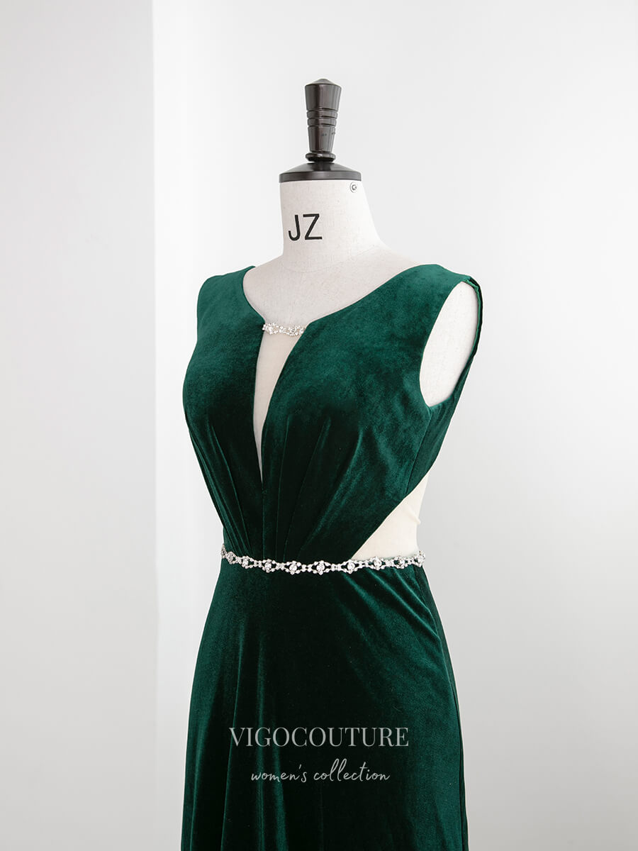 vigocouture-Green Velvet Prom Dresses Plunging V-Neck Formal Dresses 21321-Prom Dresses-vigocouture-