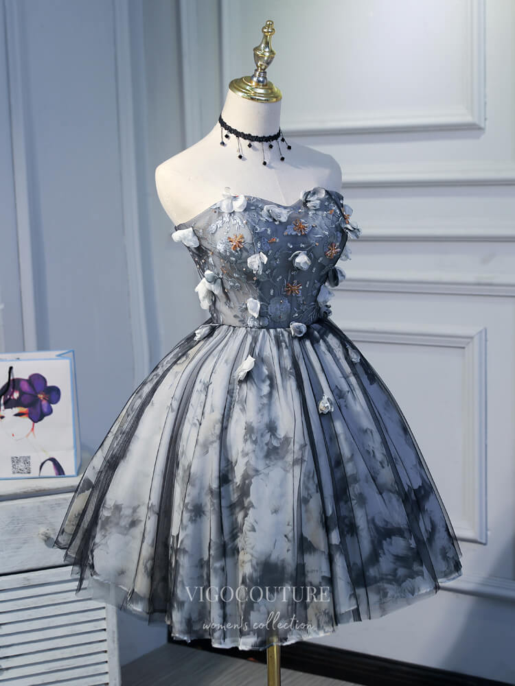 vigocouture-Grey 3D Flower Homecoming Dresses Strapless Dama Dresses hc080-Prom Dresses-vigocouture-